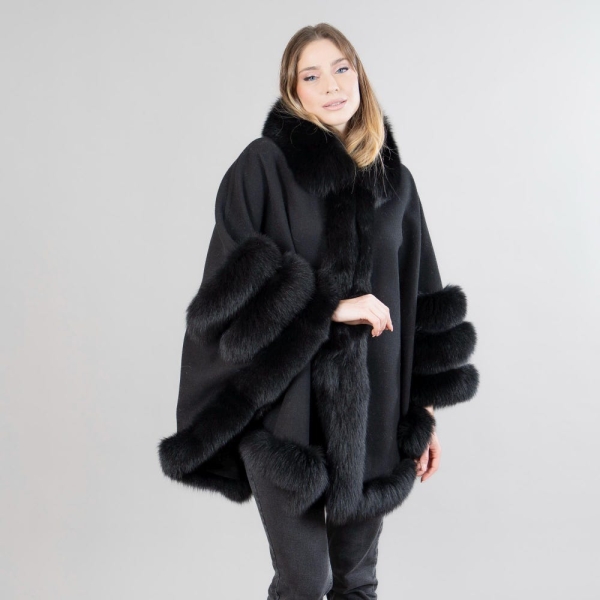Black Cashmere Cape with Fox Fur Details - Timeless Elegance