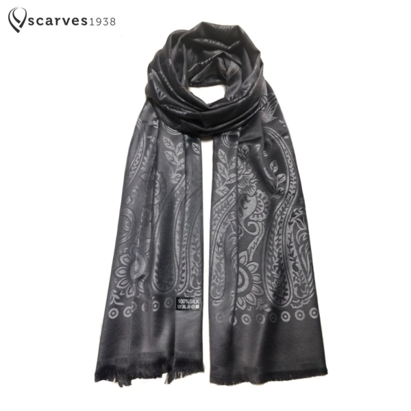 Reversible black and gray raw silk scarf Gift for her Birthday Gift Paisley scarf lightweight scarf Shawl Shawl Wrap Stole nature art scarf