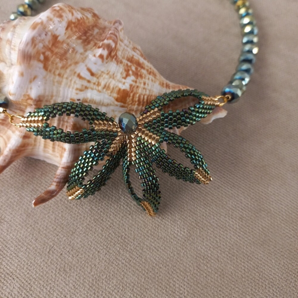 Handmade Green Star Necklace With Miyuki Beads, Crystal Cord, Gold-Plated Chain, Unique Jewelry For Women, Perfect Gift