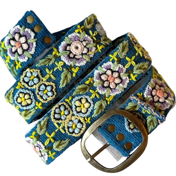 Embroidered  Belt, Peruvian Belt, Wool Belt,  Flower Belt, Bohemian Belt, Floral Ethnic Belt, Womens Handmade - Garden Bloom/Teal Base