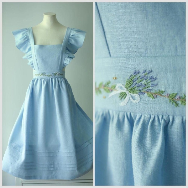 Lavender Flower Embroidery Apron for Her, Hand Embroidered Apron, Natural Embroidery Linen Apron, Apron Dress for Women, Mother's Day Gift