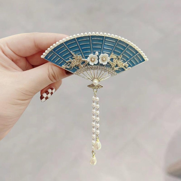 Fashion fan pearl flower hairpin elegant pan head spring clip back of the head tassel horizontal clip