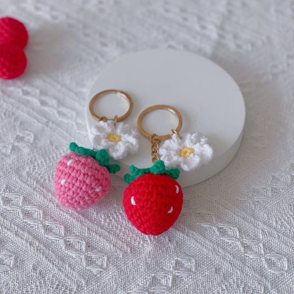 Crochet Strawberry Key Chain, Crochet Cherry Flower Key Ring, Handmade Crochet Pendant, Women Floral Bag Accessory, Gift for Friends