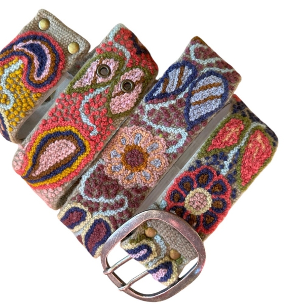 Embroidered  Belt, Peruvian Embroidered Belt, Wool Belt,  Flower Belt, Floral Ethnic Belt, Womens Handmade - Bohemian Mosaic Tan Base