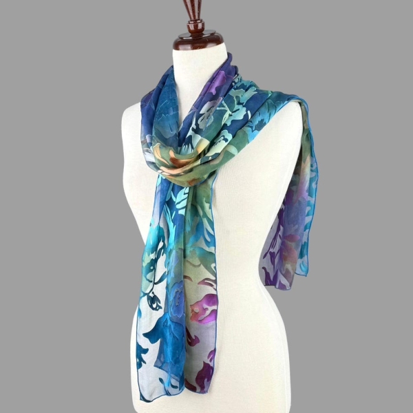 Blue, Orange & Purple Silk Scarf, Hand Painted Devore Satin Scarf, Hand Dyed Long Scarf, Silk Scarf for Women, Gift for Her, Size: 13" x 68"