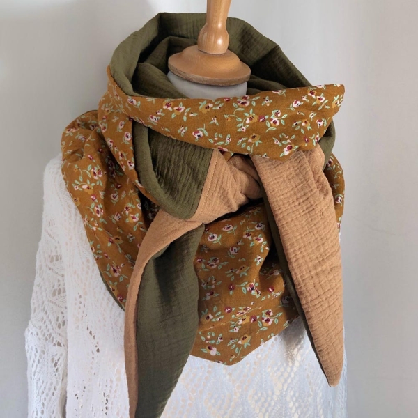 Women's scarf, XL floral rosewood and ochre beige, ideal for mid-season-winter