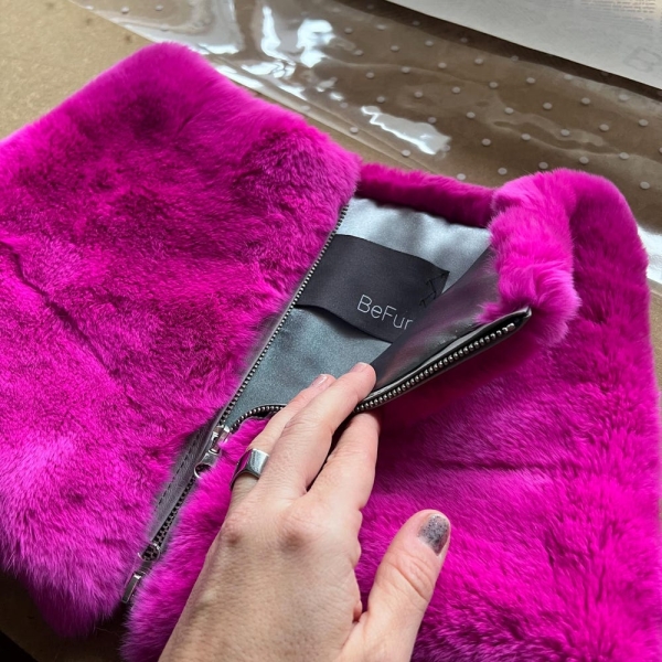 Real fuchsia rex rabbit fur cowl, infinity fur scarf, two way zipped and leather detail, fabulous and one of a kind luxury gift.