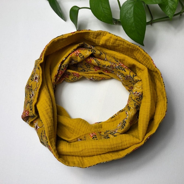 Women's scarf snood Mustard yellow neck warmer flowers light scarf