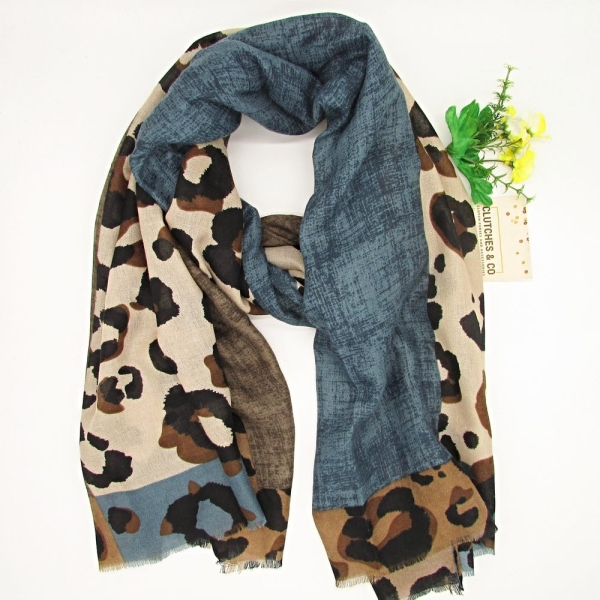 Women's Scarf, Leopard Print and Stripes Scarf, Large Scarf, Women's Accessories, Teal and Animal Print Scarf, Ladies Scarf, Gifts for Her