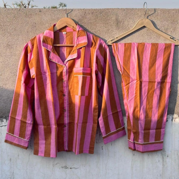 Indian Handmade 100% Cotton Pajama Set  Night Wear, Soft Cotton Night Suit-Pure Cotton Pj's,Striped Print Pajamas, Pajamas Set