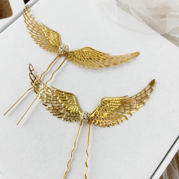 Golden Snitch wings wedding hair pins, Magical headpiece, Bridal boho hair accessory, crystal hair clip