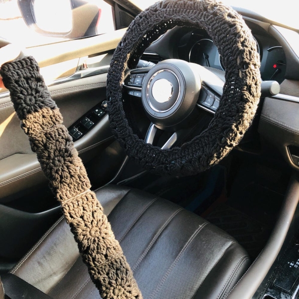 Steering Wheel Cover for women, Crochet Black flower seat belt Cover, Car interior Accessories decorations Handmade unique gift for her