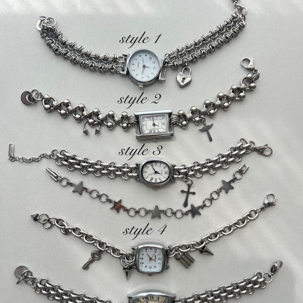 Minimalist silver wrist watch for women, elegant silver charm bracelet,custom silver watch bracelet, Y2K clock bracelet, handmade watch gift