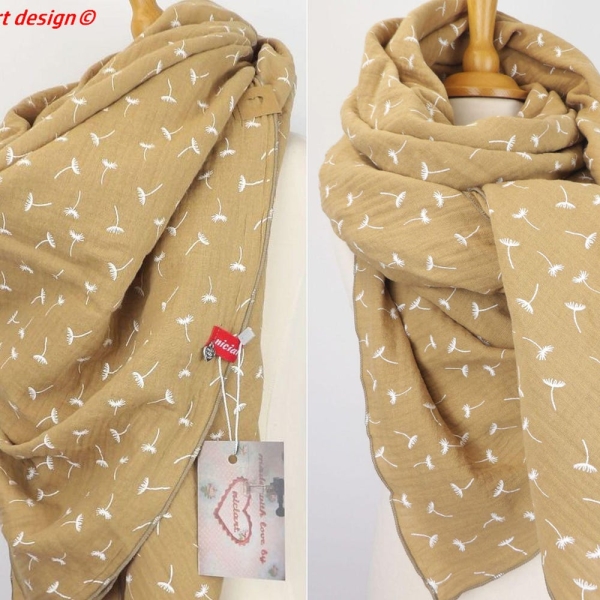 XXL muslin cloth cotton cloth WOMEN'S SCARF ladies scarf triangular scarf caramel beige dandelions muslin 100% cotton niciart design