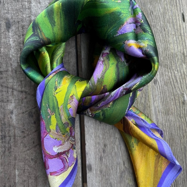 100% Silk Scarf Square Mulberry Silk Bandana Pure Silk Neckerchief Hair Scarf 21”x21” Green Purple Iris Silk Square Scarf Gift for Woman Mom