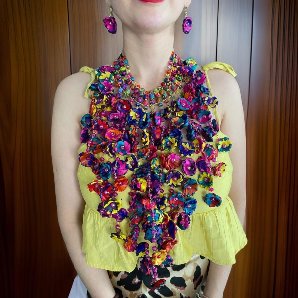 Handmade Palm Necklace & Earrings Set – Colorful Floral Mexican Ethnic Jewelry – Boho Statement Accessories for Women – Frida Kahlo Inspired