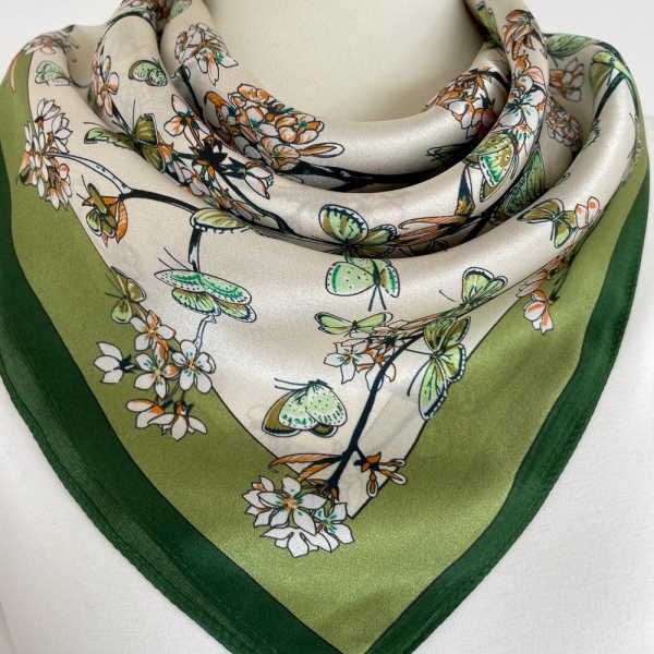 100% Silk Scarf Square Pure Silk Bandana Mulberry Silk Hair Scarf 26x26” 65x65cm Floral and Butterfly Green Scarf All Season Gift for Woman