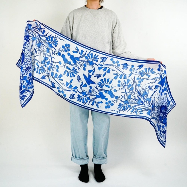 Cobalt Blue Floral Scarf - Book Inspired - Soft Cotton Blend | Blue and White | Cute Bird Design | Booklover Gift | All Season Scarf