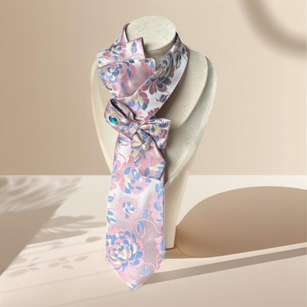 Elegant Necktie Necklace for Women - Handmade Bow tie accessory with  Brooch pin in Pink- Gift for Business Woman - Gift for Mom- Silk scarf