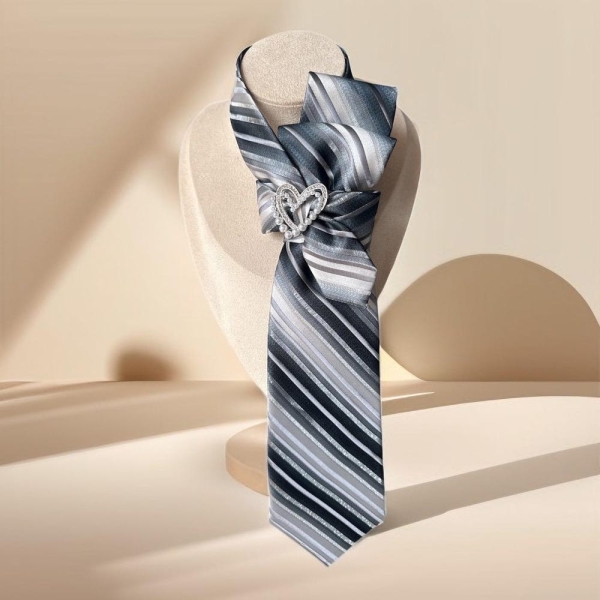 Elegant  Necktie Necklace  for Women - Handmade Bow Tie Accessory with Heart Brooch Pin in Gray - Perfect gift for Mom - Skinny scarf