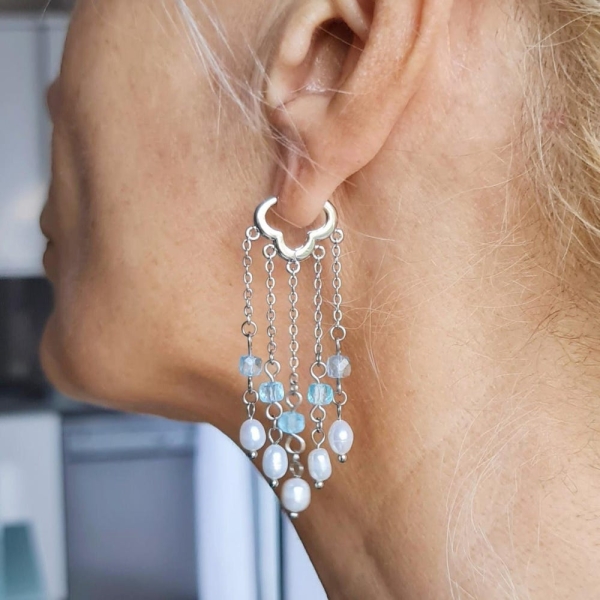 Earrings of Natural blue topaz & white pearl, unique handmade artisan accessory for woman, exclusive gift for her, waterfall drop earrings.