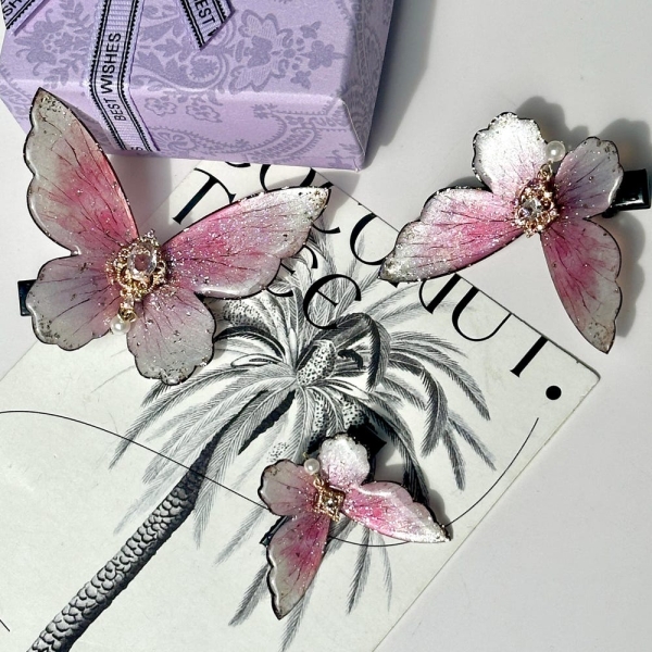 Elegant Pink Butterfly Hair Clips, Sparkling Butterfly Barrettes, ButterFly Hair Pins, Handmade Wedding Hair Accessories, Gift for Her