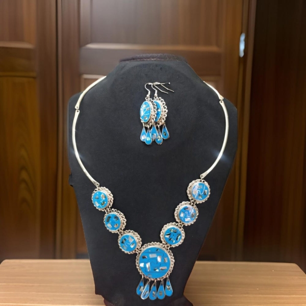 Handmade Alpaca Silver Necklace & Earrings Set with Turquoise Inlay | Mexican Artisan Jewelry | Boho Chic Statement Accessories for Women