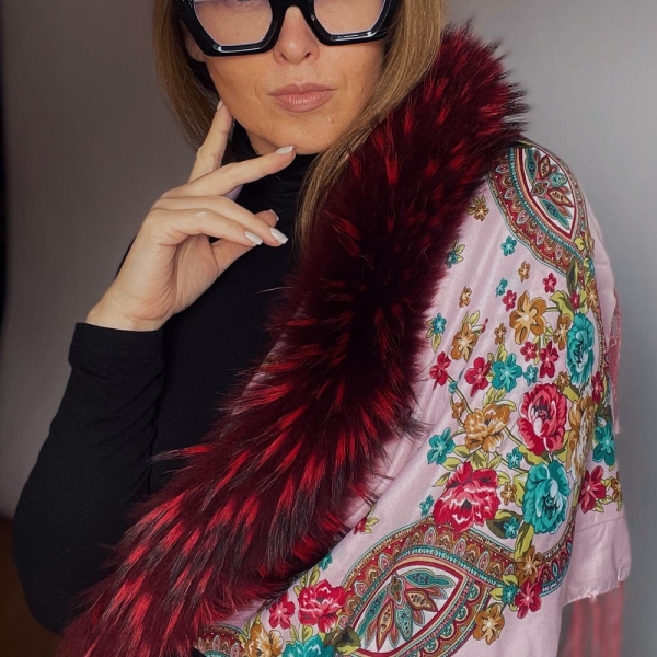 Red Real Fur and Beautiful Scarf | Nice Printed Cape | Cotton Boa with Natural Fur
