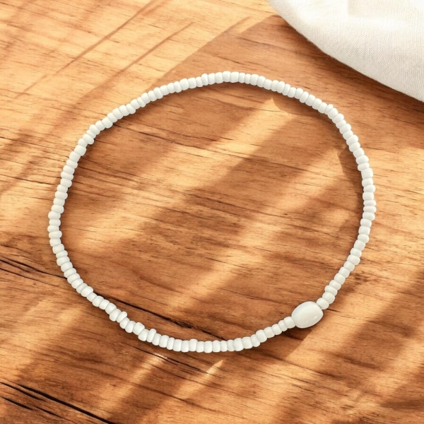 White Tiny Seed Bead Stretch Anklet - Handmade Jewellery, Bohemian Style, Bead Surf Anklet, Dainty Beaded Accessory for Women
