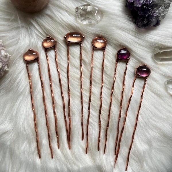 Copper Crystal Hair Stick | Rose Quartz & Amethyst | Handmade Boho Hairpin | Natural Crystal Hair Accessory | Unique Gift for Her