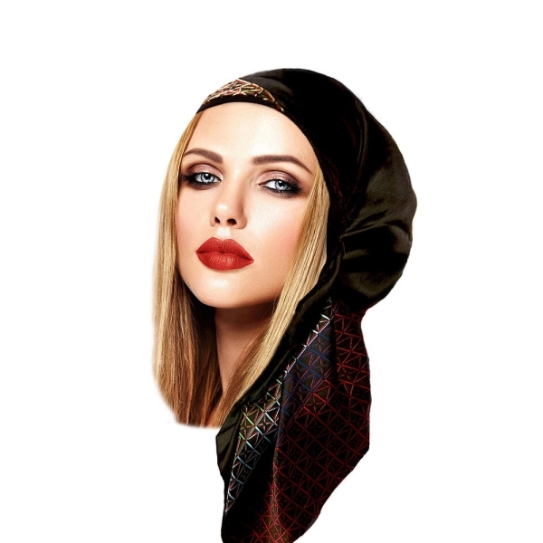 Black Silky Headscarf Geometric Non Slip Head Cover For Women Adjustable Bandana Pre-Tied Head Scarf Handmade ShariRose