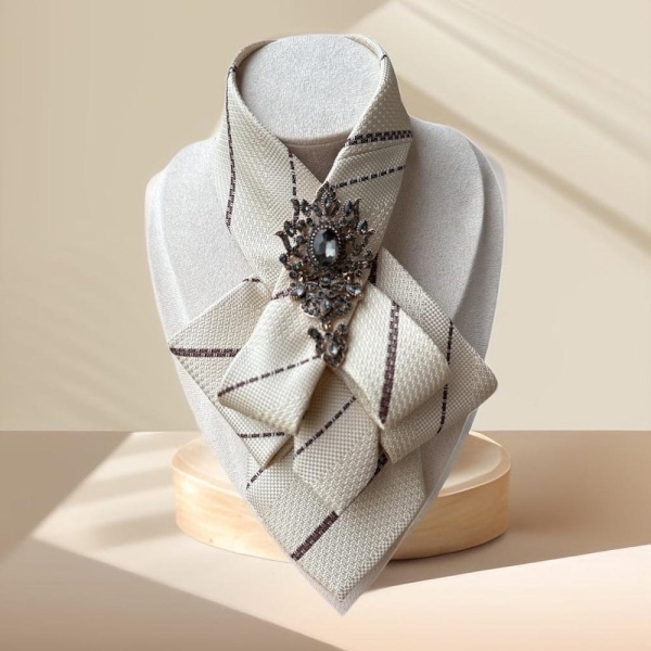 Elegant Necktie Necklace for Women - Handmade Bow tie accessory with Antique Pin in Beige - Perfect Gift for Business Woman - Skinny scarf
