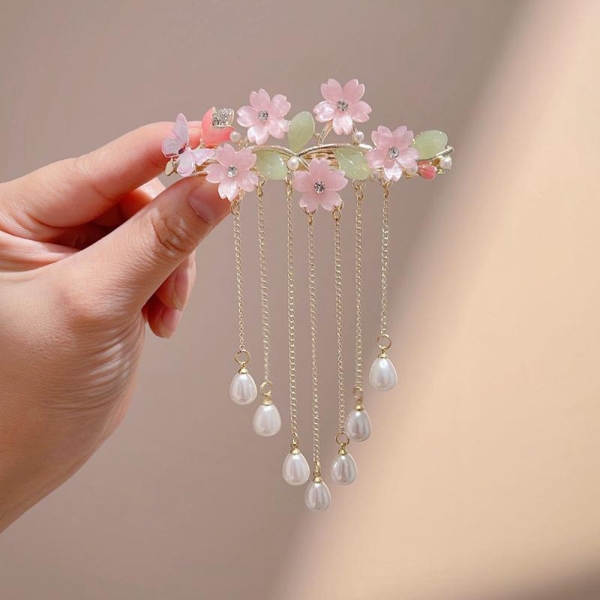 Simple flower pearl tassel hairpin ancient style Hanfu cheongsam accessories super fairy hair half-tied spring clip