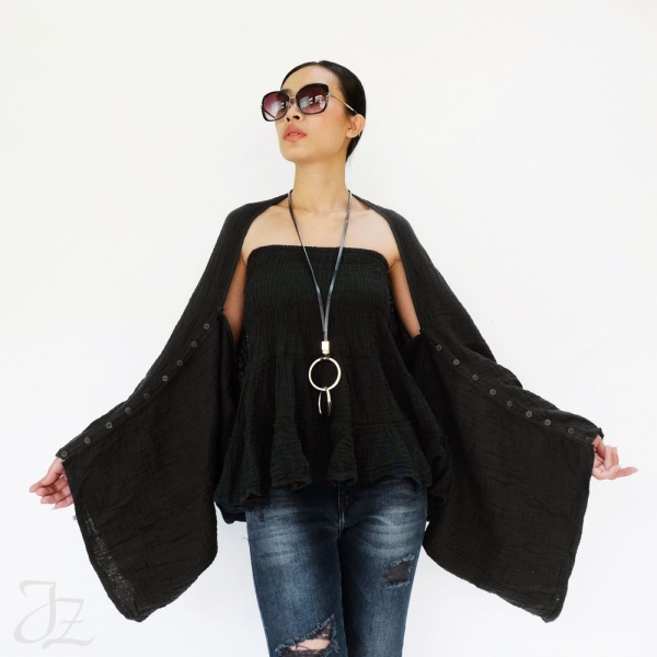 NO.141 Women's Scarves, Shawl With Buttons, Convertible Scarf, Natural Fiber Flexible Cotton Shawl in Black